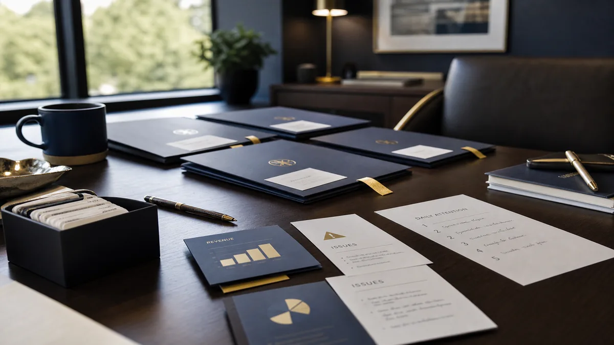 Account manager desk with a five-row attention list on paper, navy and gold, no cloud console screenshot
