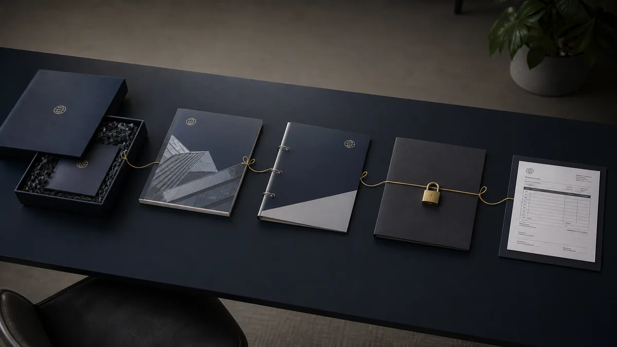 Onboarding checklist with a locked credit folder and a human sign-off tray