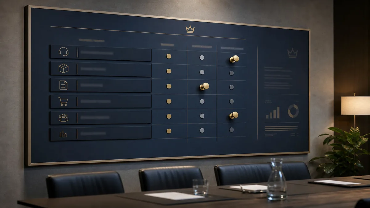 Prioritization wall of commerce workstreams scored by volume and feasibility, with write-heavy cards held behind a human gate