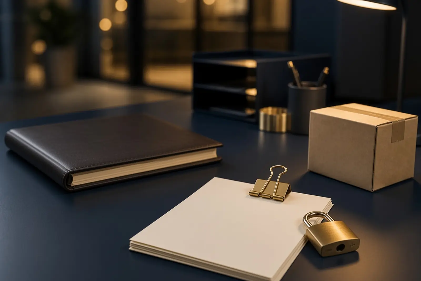 Closed brass padlock and gold clip on a blank invoice stack beside a sealed box