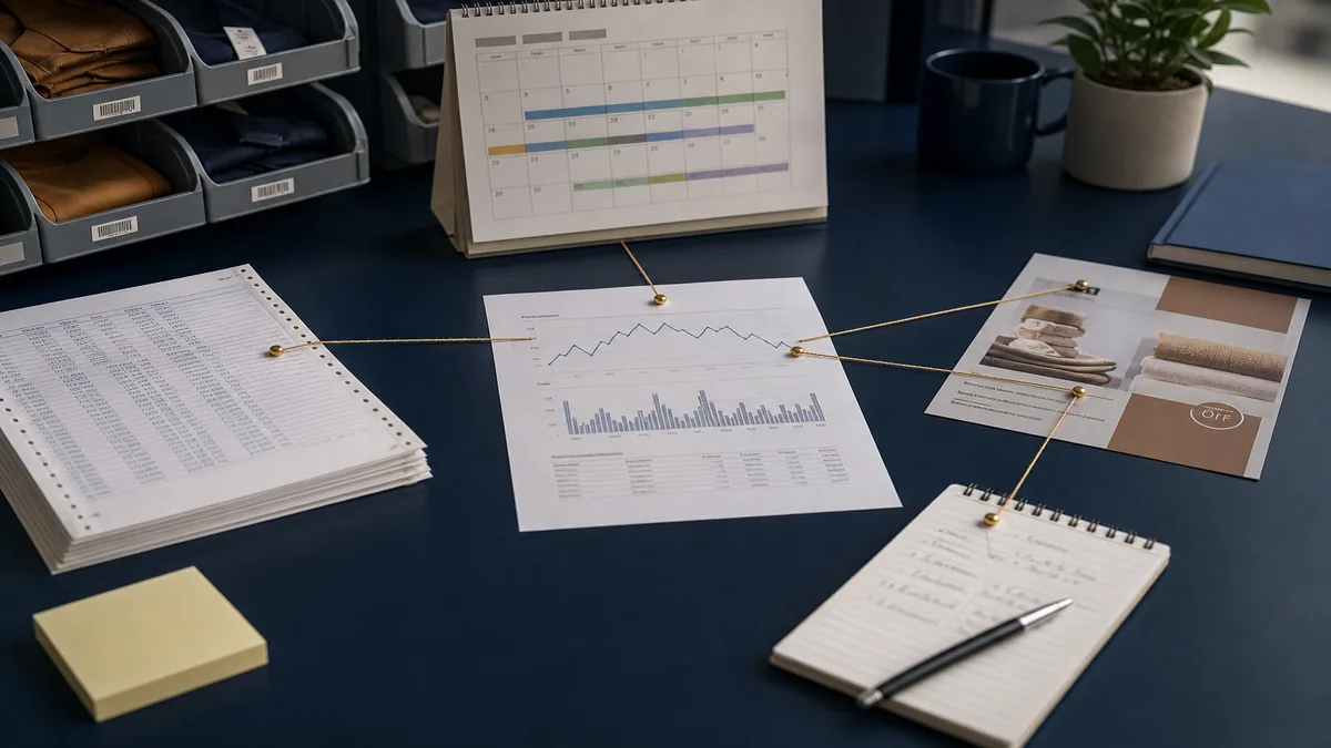 Daylight planning table with printed sales sheets, a paper seasonal calendar, and navy binders — no readable screens