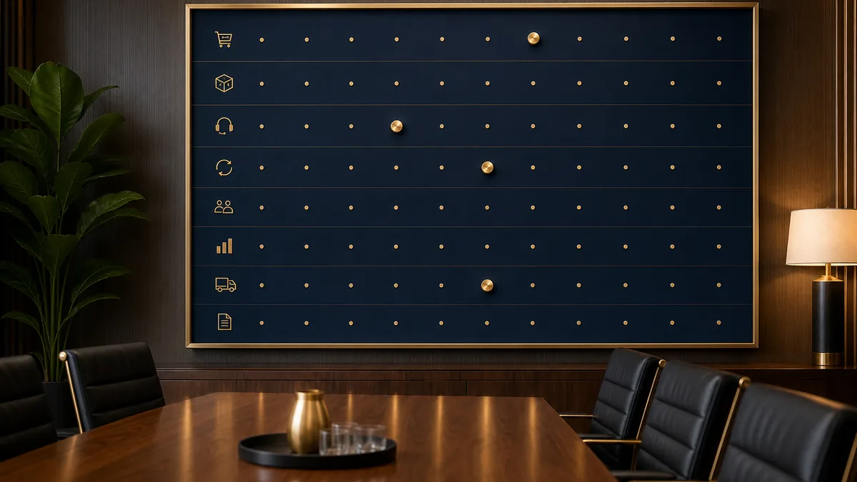 Premium executive eCommerce operations control tower with AI prioritizing critical signals, navy and gold, no robots