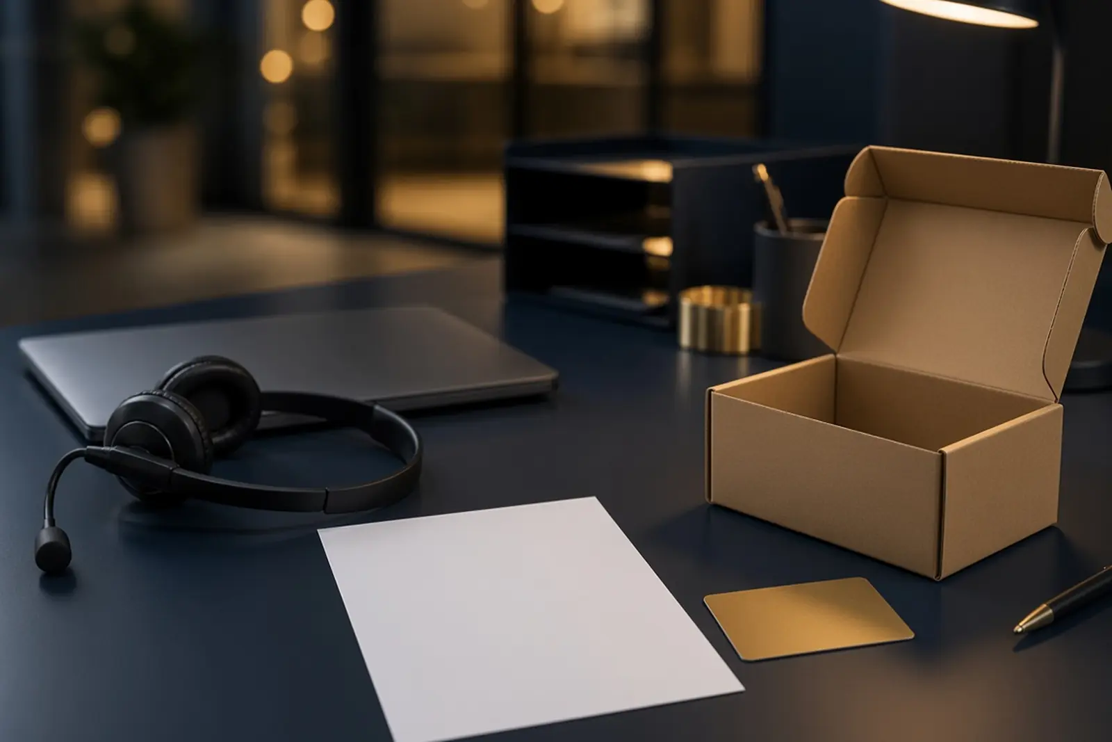 Open kraft box, blank return slip, and a gold card on a navy support desk