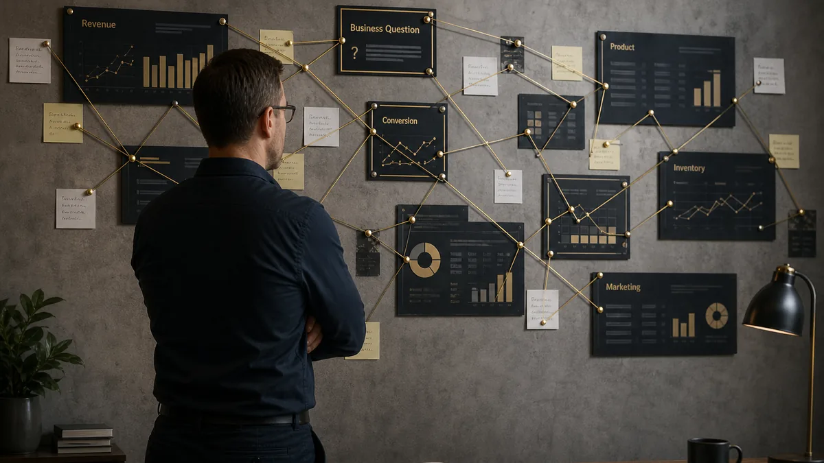 Investigation tracing a revenue question through interconnected commerce data sources on a wall-sized board