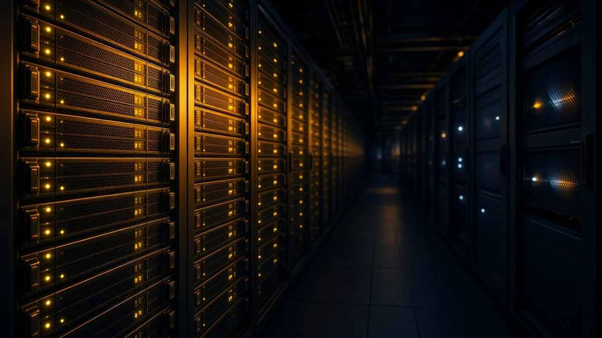 Night server aisle: a near rack of compact nodes lit in amber-gold, the far aisle receding into navy shadow