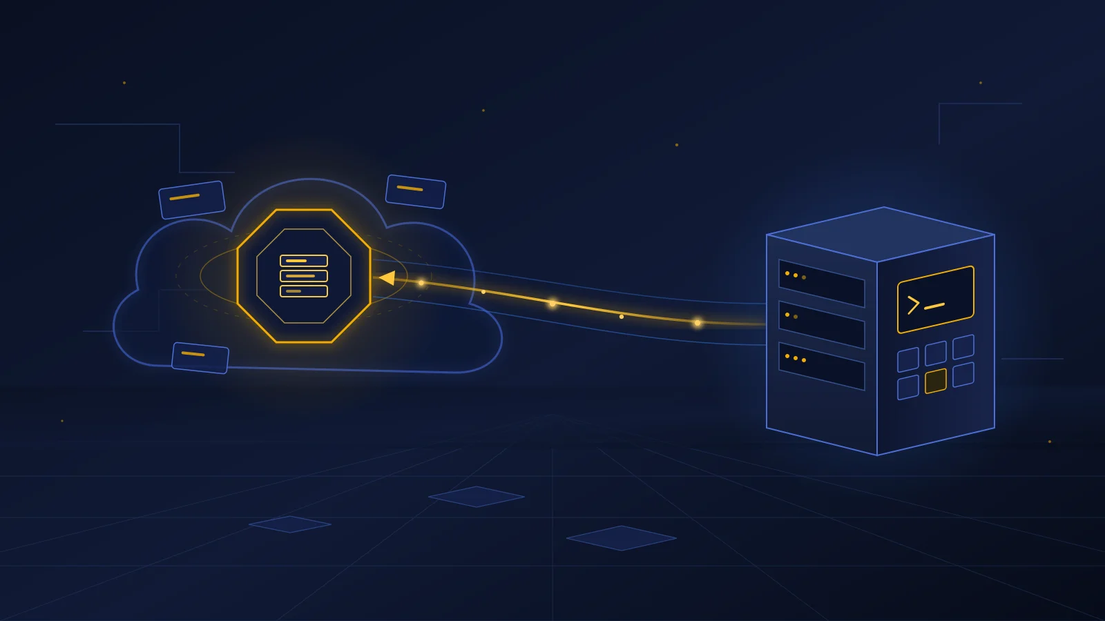 A glowing managed session core inside a cloud outline, connected by one outbound amber line from a separate customer-owned server with a terminal and tool modules