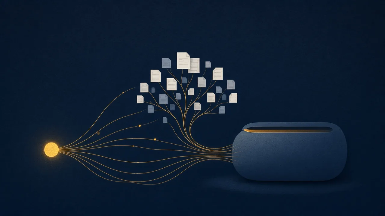 Amber lines from a single seed node branch through document cards into a knowledge vault on a navy background.