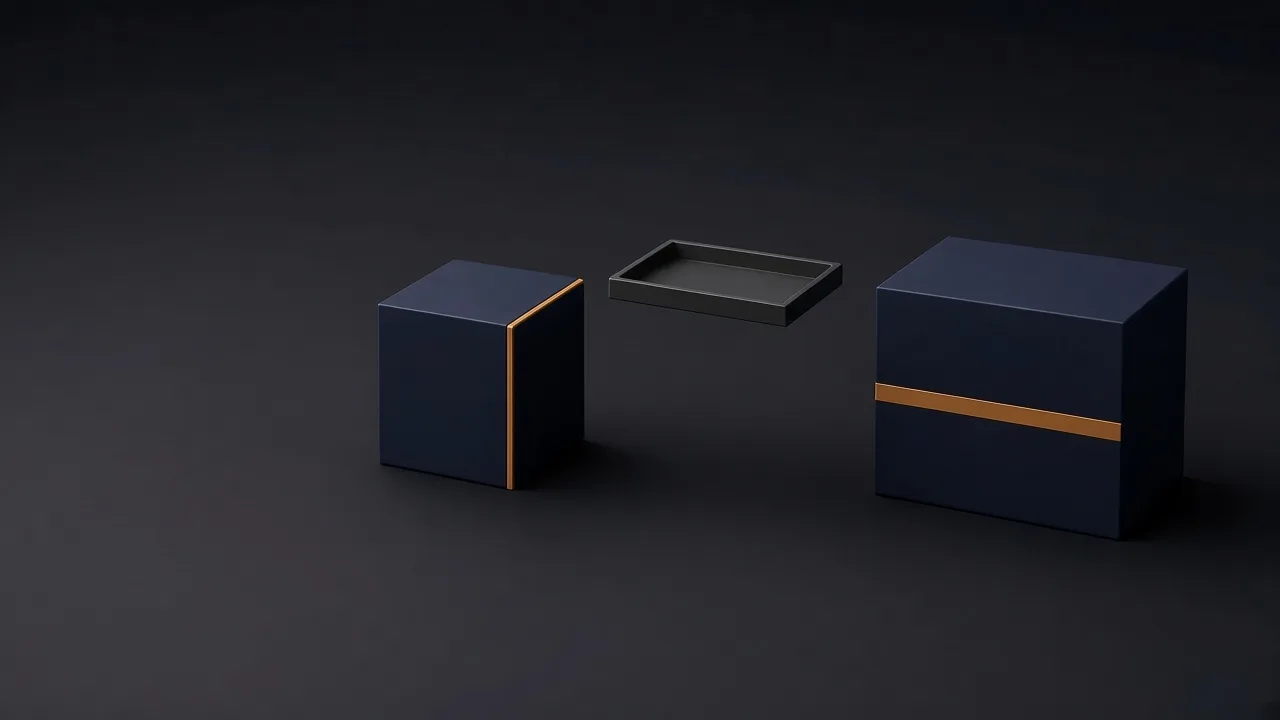 Navy cube with an amber edge, a floating charcoal tray, and a separate banded navy block on a dark floor