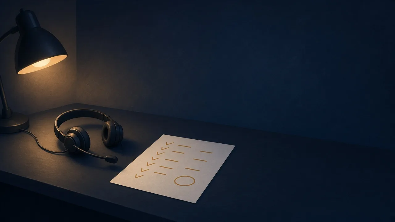 Illustration of a navy quality desk with an amber lamp, a headset, and a score sheet marked with abstract checks. Not a product screenshot.