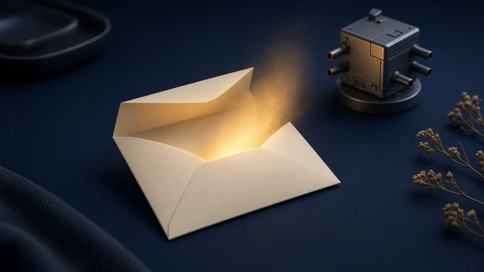 A cream envelope on a navy desk with a warm amber light rising toward a small metal node.