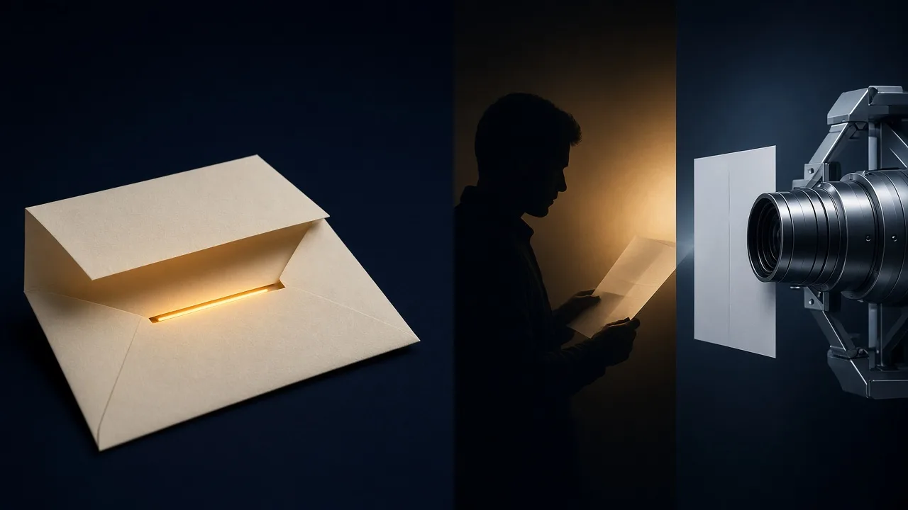 An opened cream envelope with an amber line of light, a person in silhouette reading a letter, and a mechanical lens inspecting a blank sheet, on a navy background.