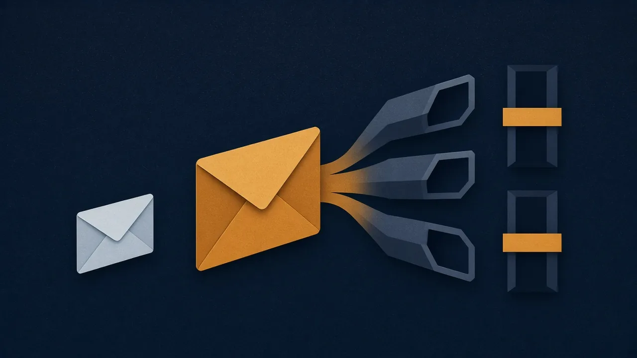 A small envelope beside a larger amber envelope feeds three open pipes, while two other pipes are closed, on a navy background.