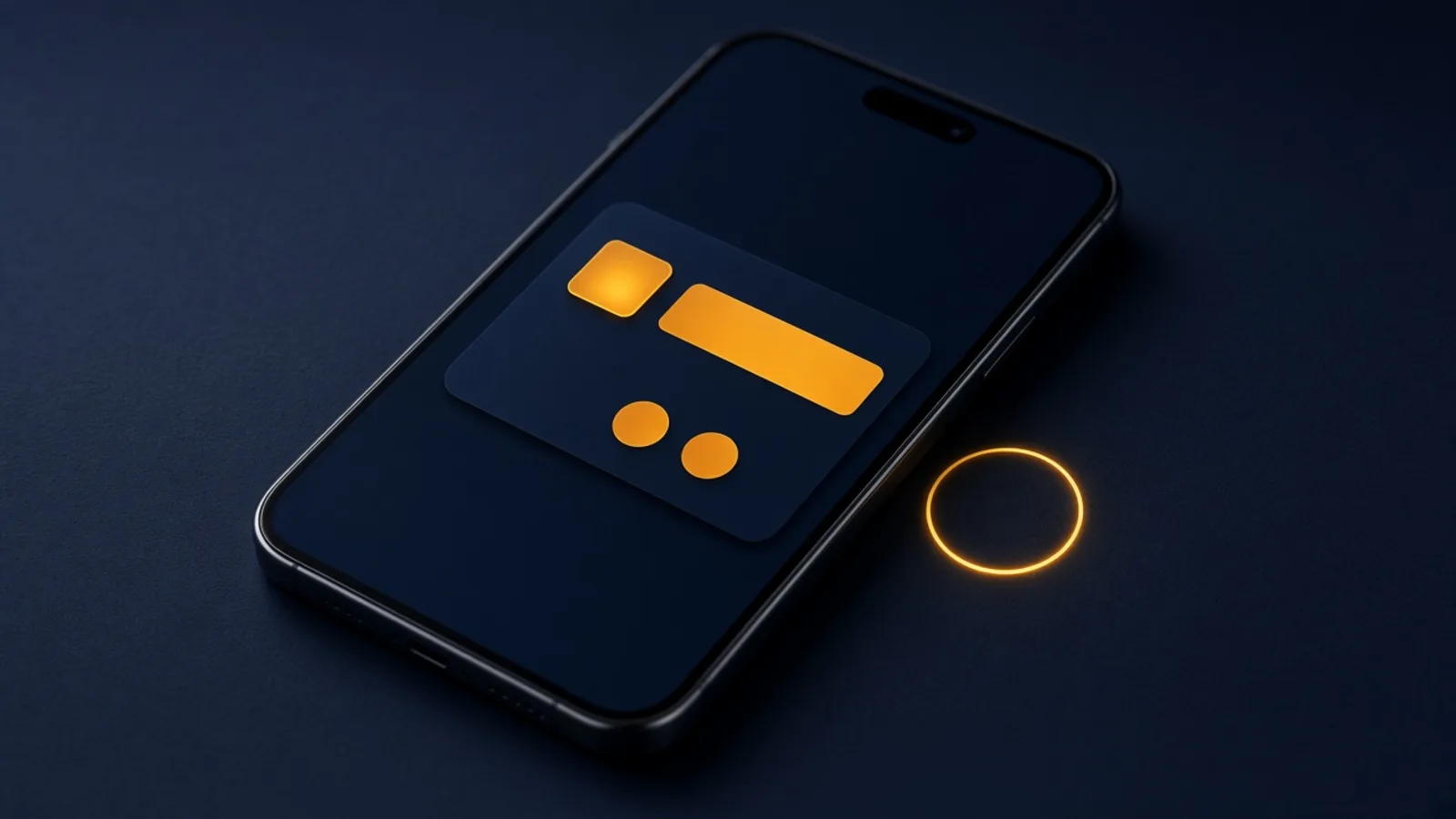 A smartphone on a navy desk showing an abstract amber message card with two round buttons and a small verified ring.