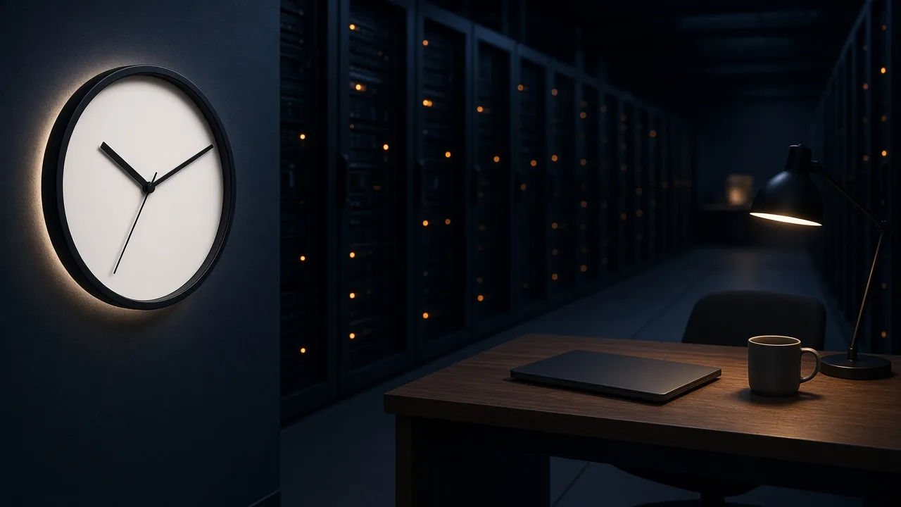 Quiet navy server hall at night with amber rack lights and a wall clock, suggesting a long uninterrupted compute window