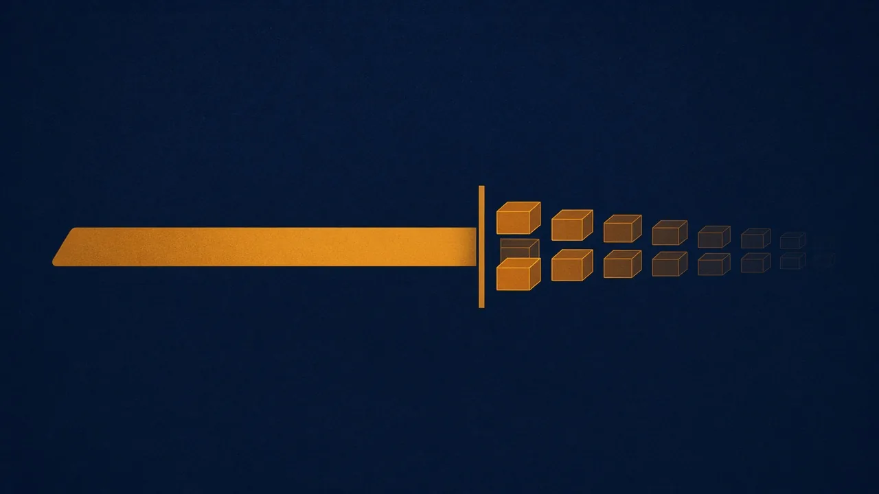 An amber gauge fills toward a hard stop on a navy background while small server blocks fade, suggesting a paused project.
