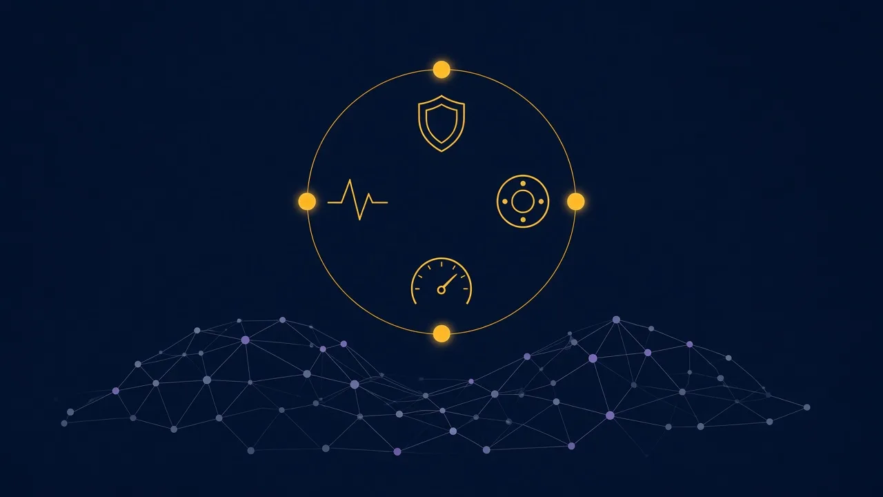 Navy illustration of a circular review loop with four amber marks for security, cost, performance, and resilience above a cloud topology.