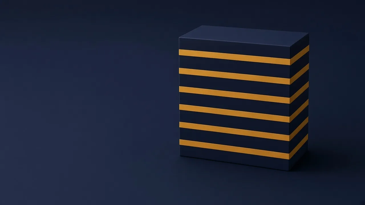 Navy block with horizontal amber bands on a dark navy background, suggesting a bill split into layers