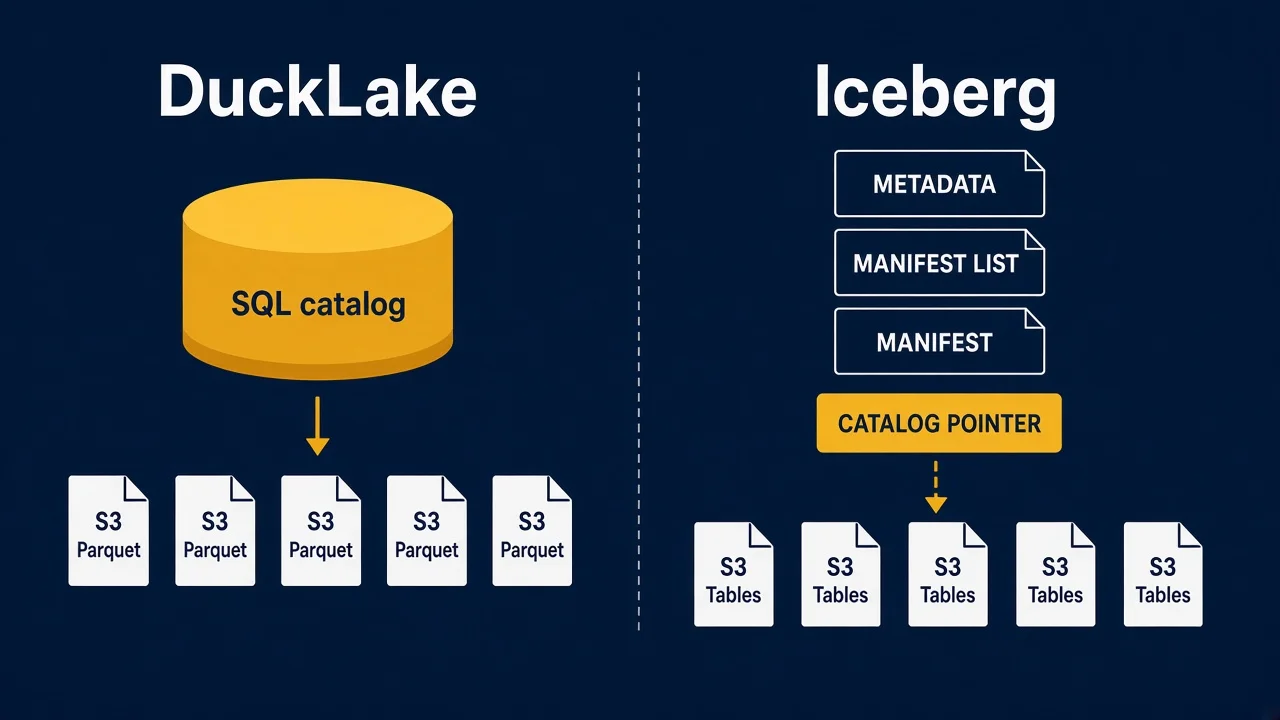 Two architecture stacks side by side: DuckLake with a SQL catalog above S3 Parquet, and Iceberg with metadata files plus a catalog pointer above S3 Tables.