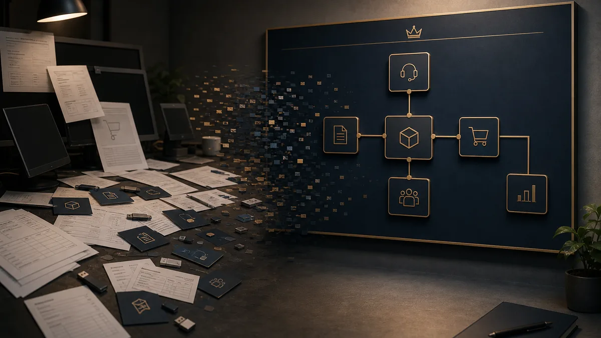 Fragmented commerce printouts and disconnected monitors resolving into one organized architecture board