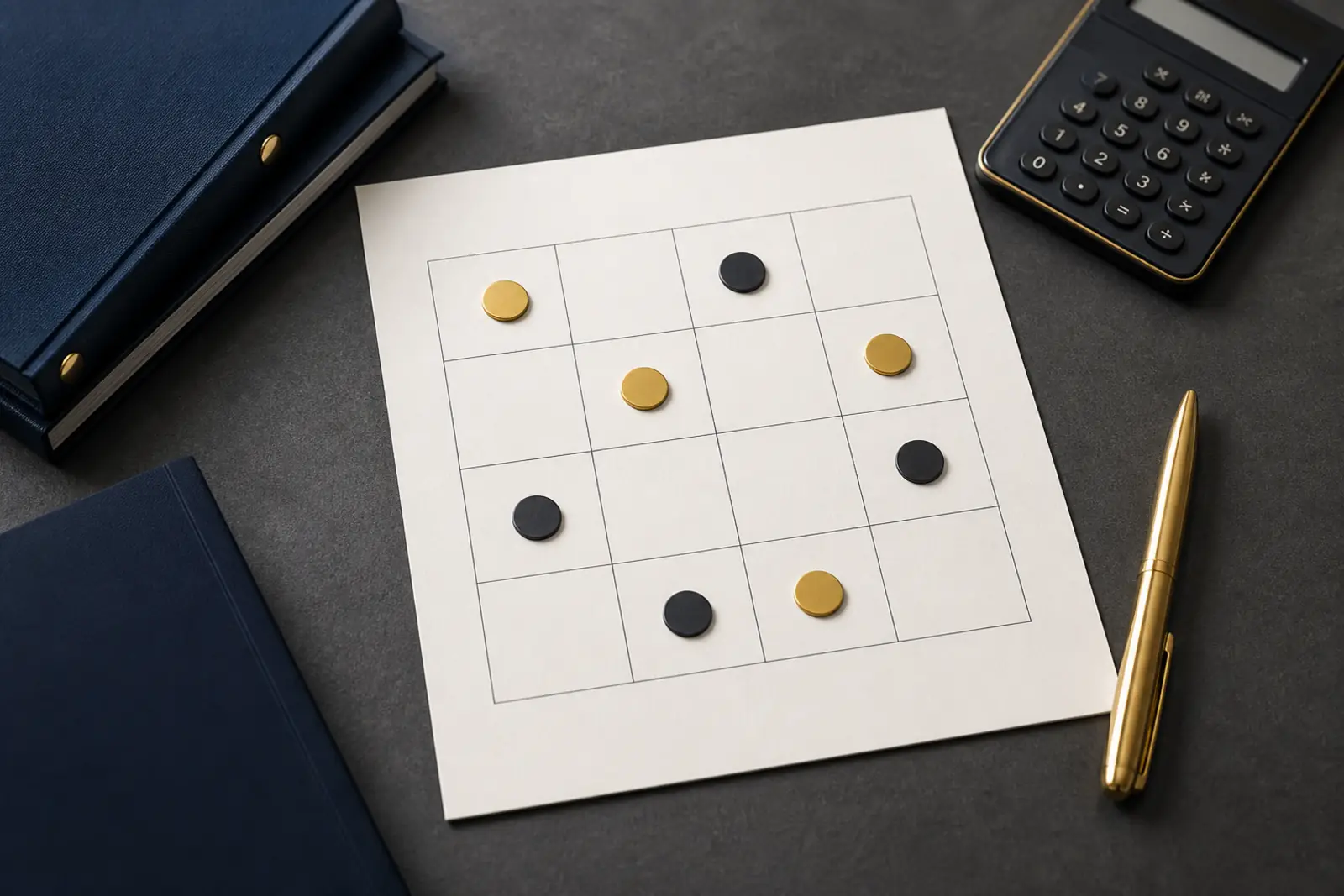 Gold and charcoal markers on a four-by-four scoring grid for volume, pain, data, and write-risk