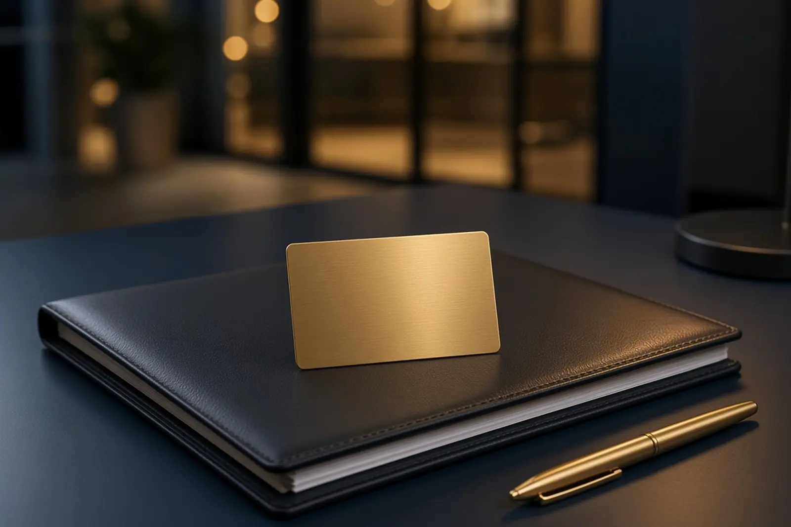 Gold card standing on a closed navy folder beside a gold pen on a dark desk
