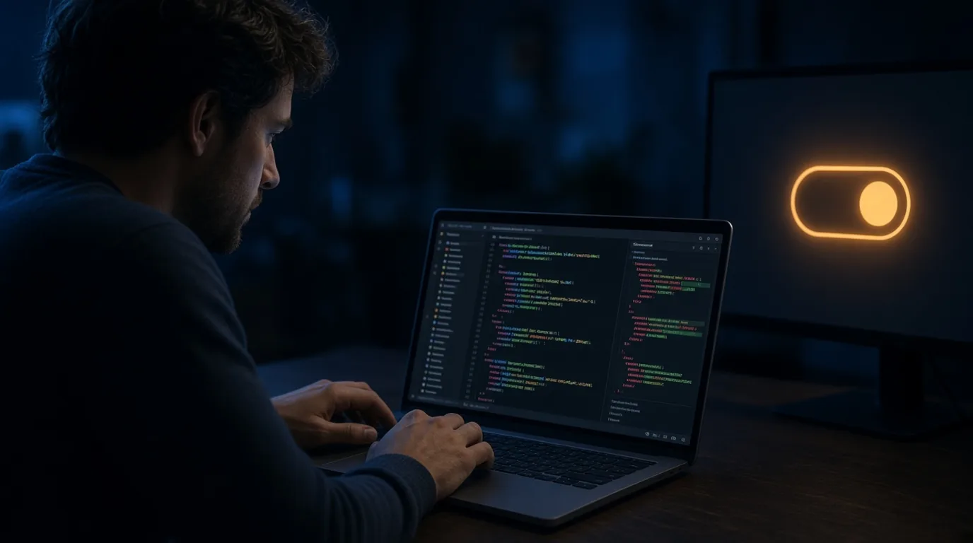 Engineer at a laptop reviewing a diff, with a second screen showing an abstract amber permission control.