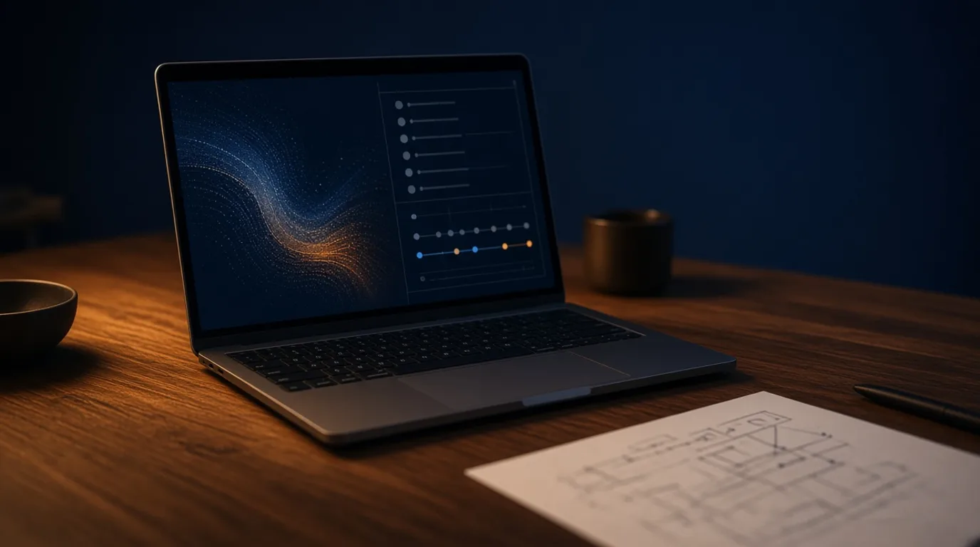 Laptop on a walnut desk showing an abstract trace timeline beside a blurred architecture sketch.