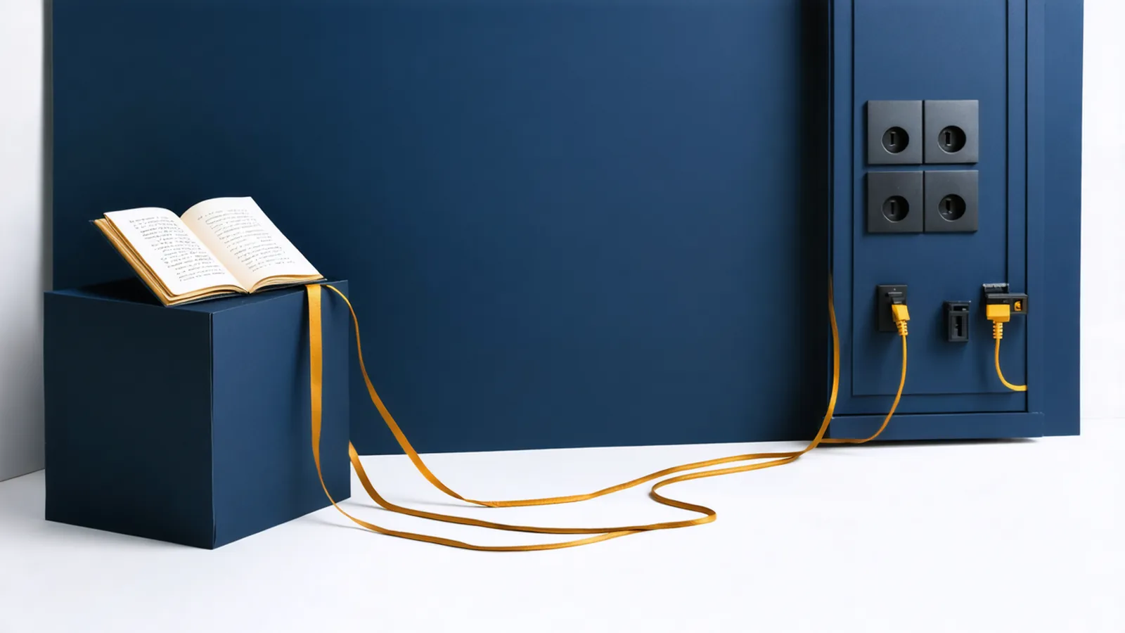 Navy paper cube holding an open notebook, with mustard-yellow cables running from it to a panel of sockets