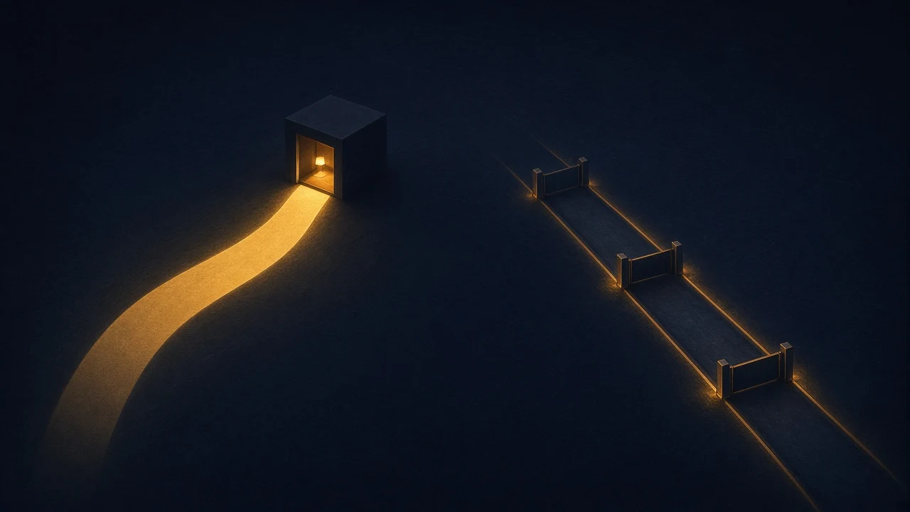 A short amber path leads into a small lit cube on a navy field, while a longer path runs past three closed gates.