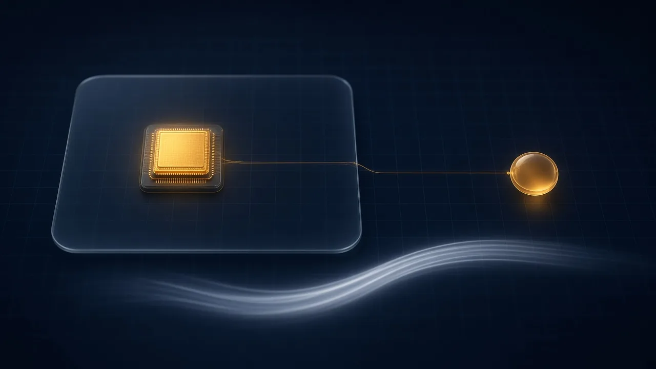Dark navy board with an amber chip inside a glass boundary, an amber node outside that boundary, and a separate white light path underneath