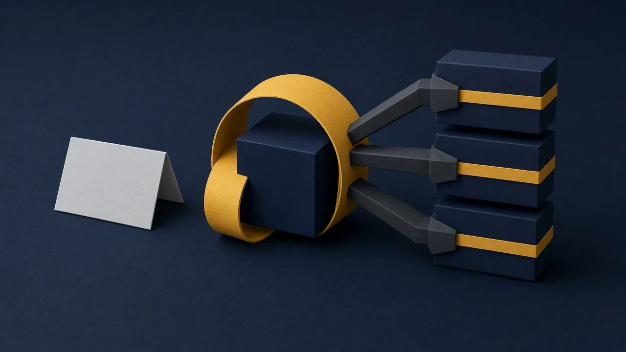 Amber paper loop around a navy cube, branching into a stack of banded modules on a dark navy background