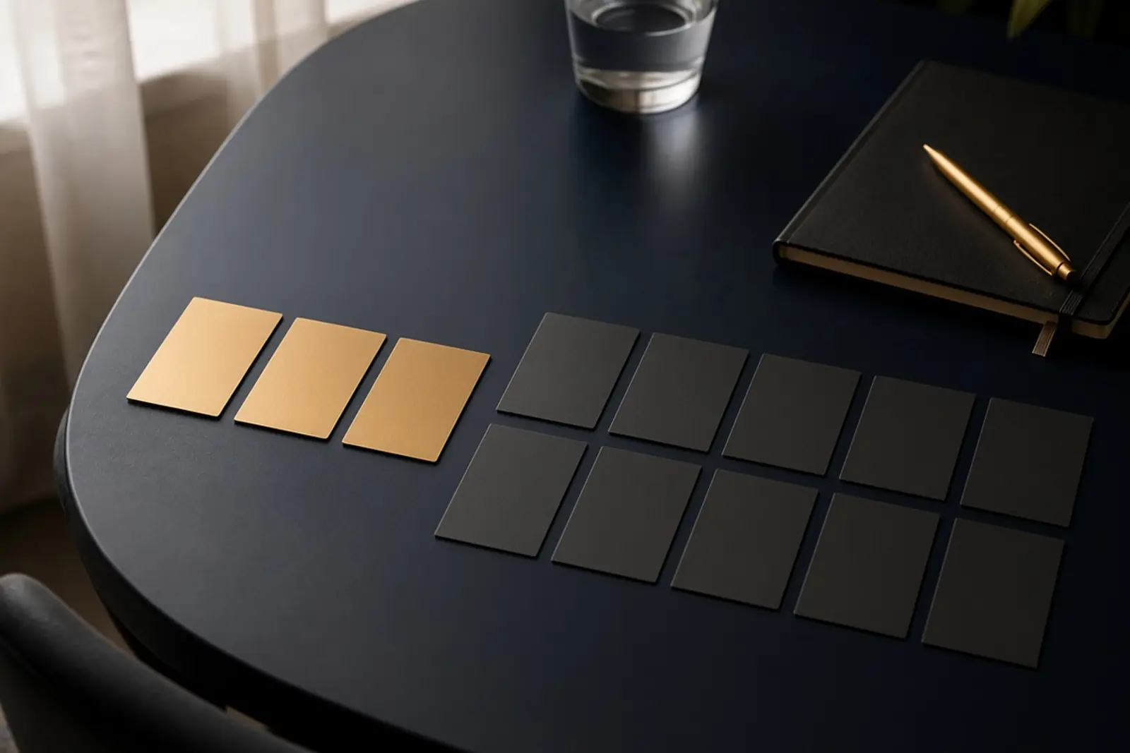 Ten dark cards in two rows and three gold cards set apart on a navy table
