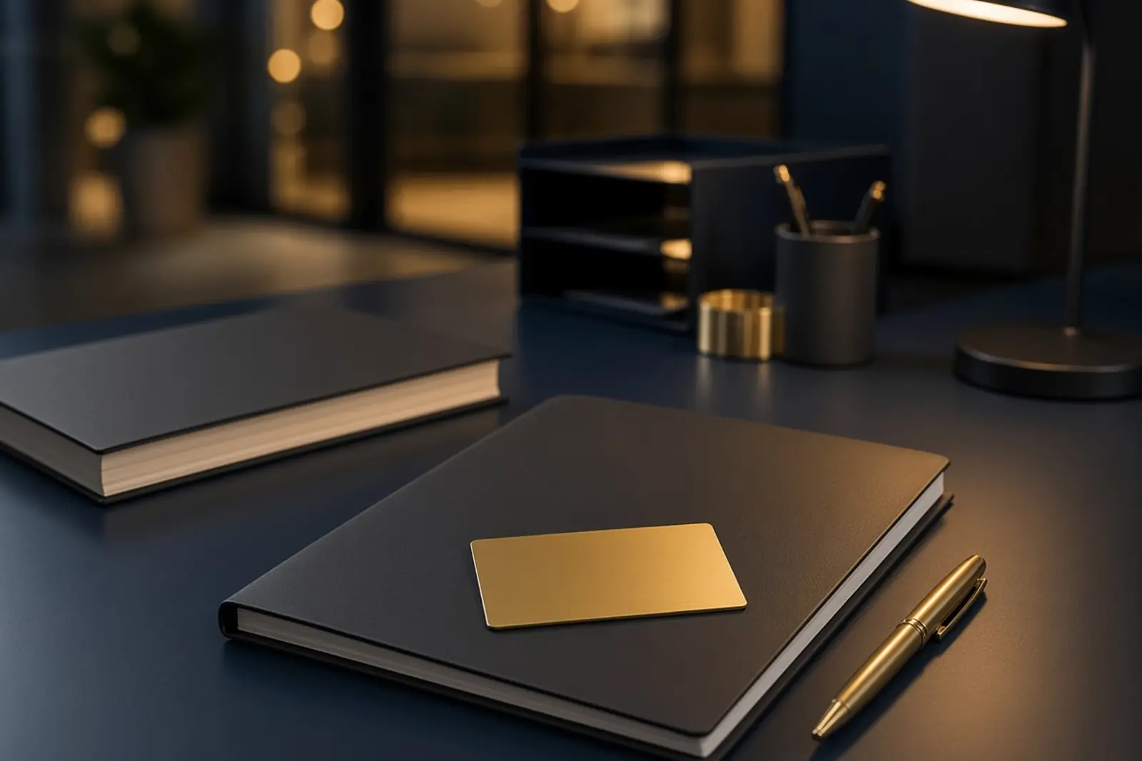 Gold card on a closed contract folder, with a second catalog set aside on a navy desk